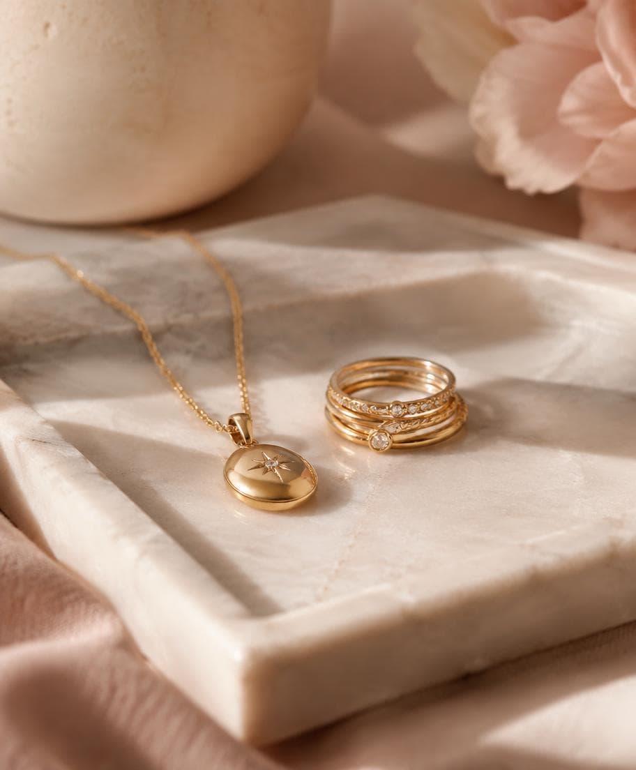 Gold pendant and stackable rings on a pale marble tray at JadePink