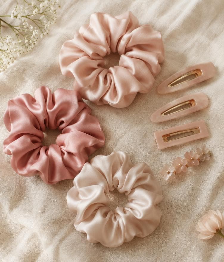 Silk scrunchies and gold hair clips