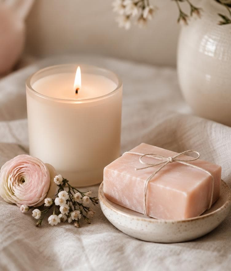 Scented candle and wrapped soap