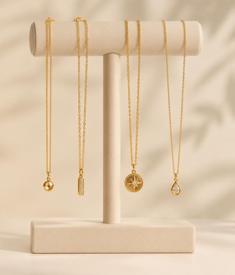 Gold necklaces on a display stand