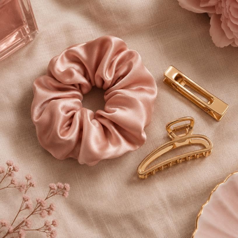 Blush silk scrunchie with gold clips
